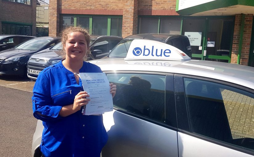 Katherine Cook of Sunningdale, Berkshire who passed her driving test First Time with only a few faults in Chertsey, Surrey